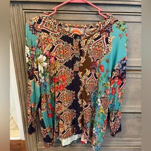 Good American Boho Floral Paisley Keyhole Blouse - Teal & Navy